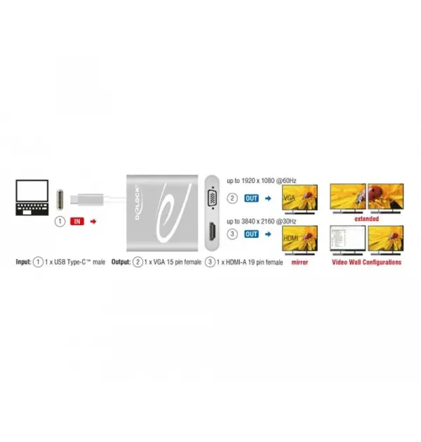 Adaptador USB Type-C - 1x HDMI + 1x VGA